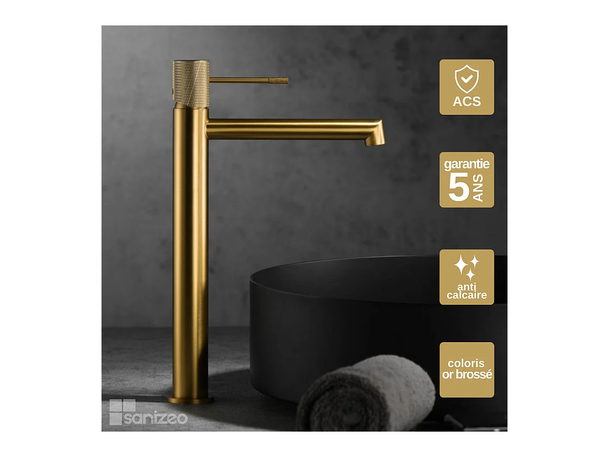 Robinet Mitigeur de Lavabo Anti-Calcaire Bec Haut Or Brossé IMEX LINE BDD038-3OC