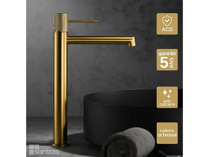Mitigeur Lavabo Salle de Bain or brossé – Bec Haut Anti-Calcaire – Design moderne - LINE IMEX