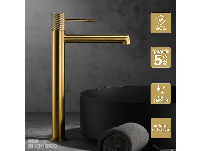 Mitigeur Lavabo Salle de Bain or brossé – Bec Haut Anti-Calcaire – Design moderne - LINE IMEX