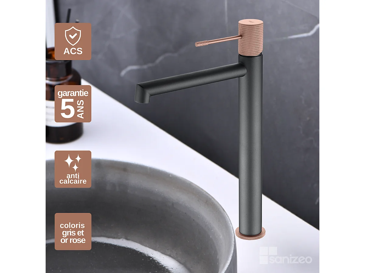 Mitigeur Lavabo Salle de Bain gris/champagne – Bec Haut Anti-Calcaire – Design Moderne - LINE IMEX