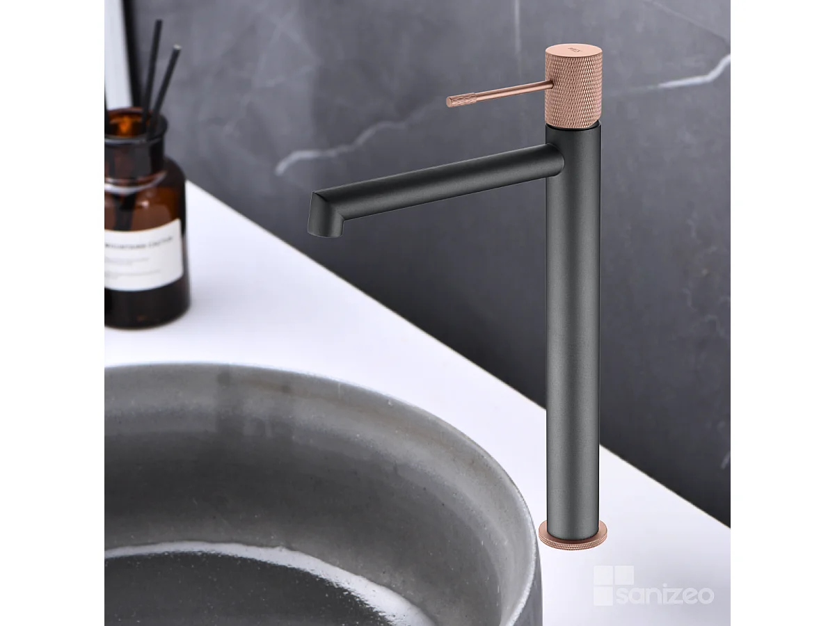 Mitigeur Lavabo Salle de Bain gris/champagne – Bec Haut Anti-Calcaire – Design Moderne - LINE IMEX
