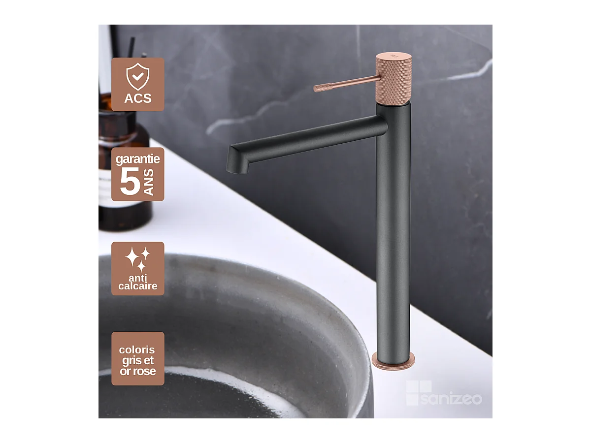 Robinet Mitigeur de Lavabo Anti-Calcaire Bec Haut Gris et Champagne IMEX LINE BDD038-3GC