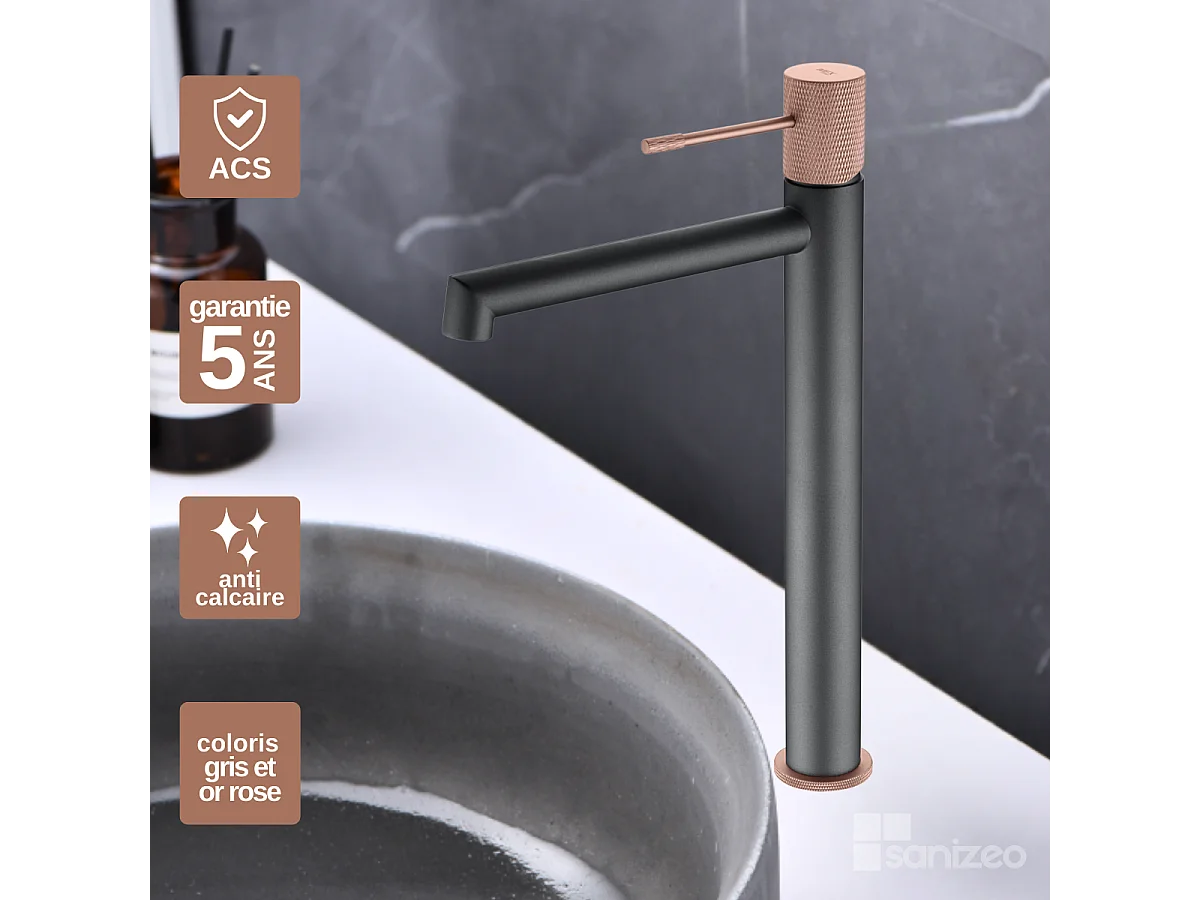 Mitigeur Lavabo Salle de Bain gris/champagne – Bec Haut Anti-Calcaire – Design Moderne - LINE IMEX
