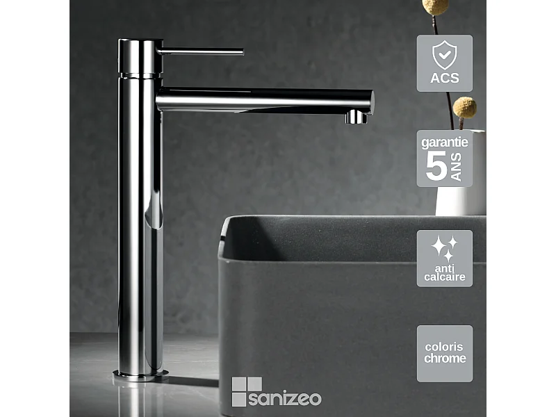 Mitigeur Lavabo Salle de Bain chromé – Bec Haut Anti-Calcaire – Design Moderne - MILOS STICK IMEX
