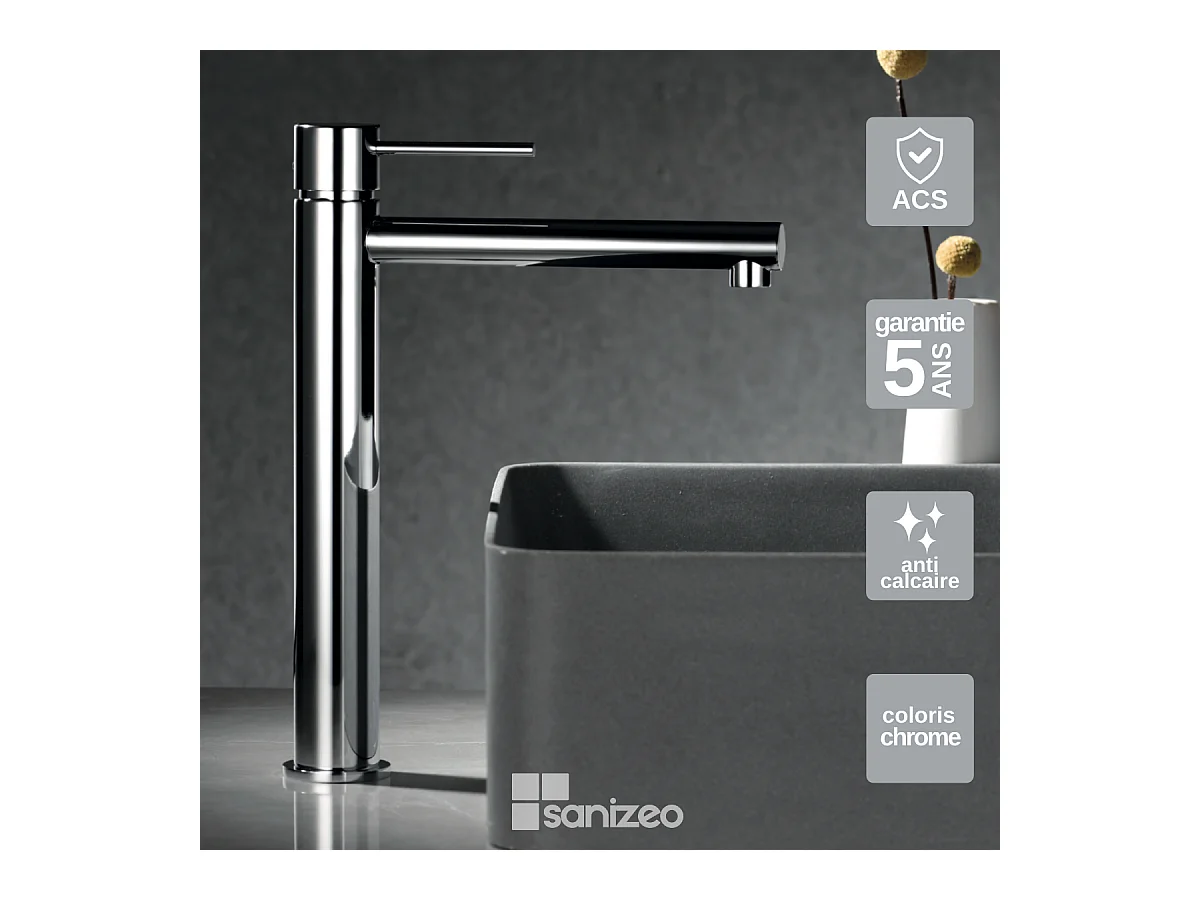 Robinet Mitigeur de Lavabo Anti-Calcaire Bec Haut Chrome IMEX MILOS STICK BDYS045-3
