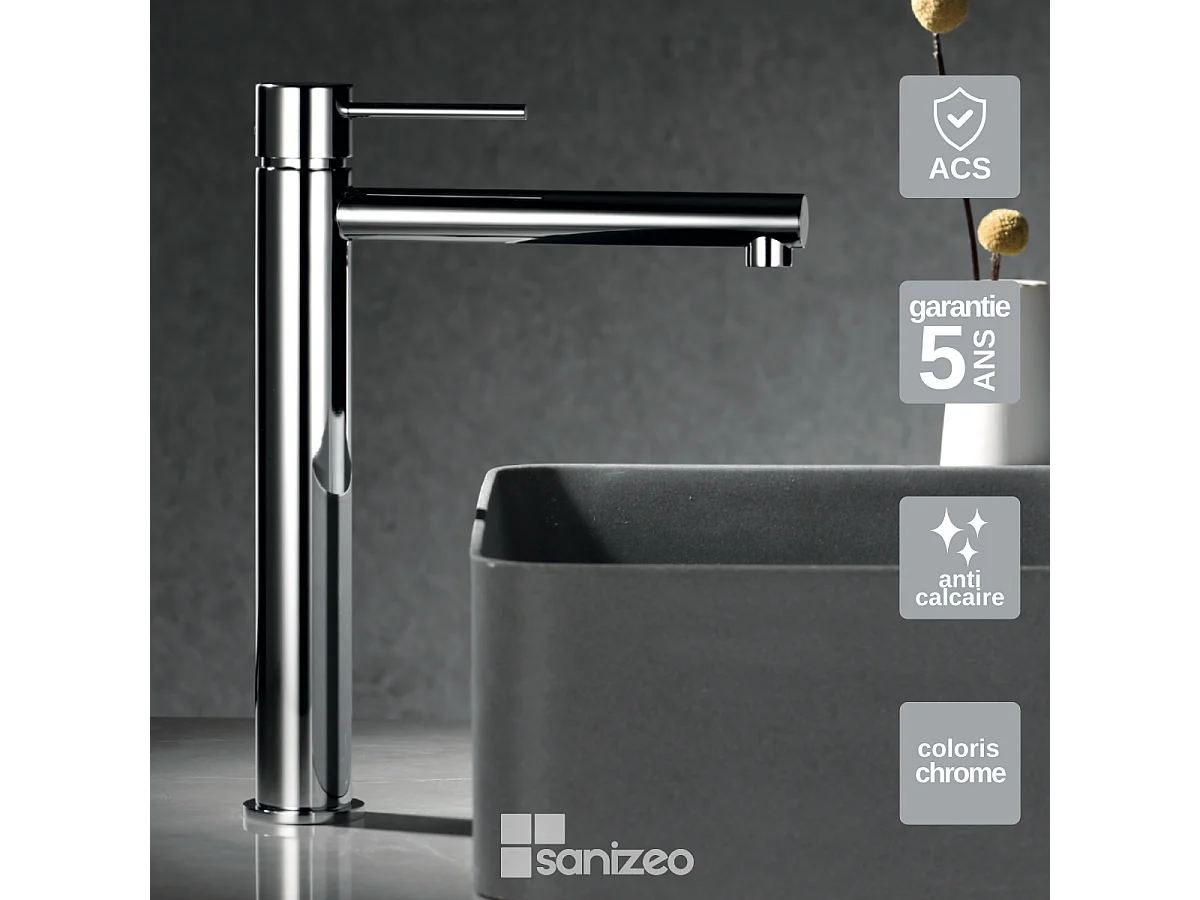 Mitigeur Lavabo Salle de Bain chromé – Bec Haut Anti-Calcaire – Design Moderne - MILOS STICK IMEX