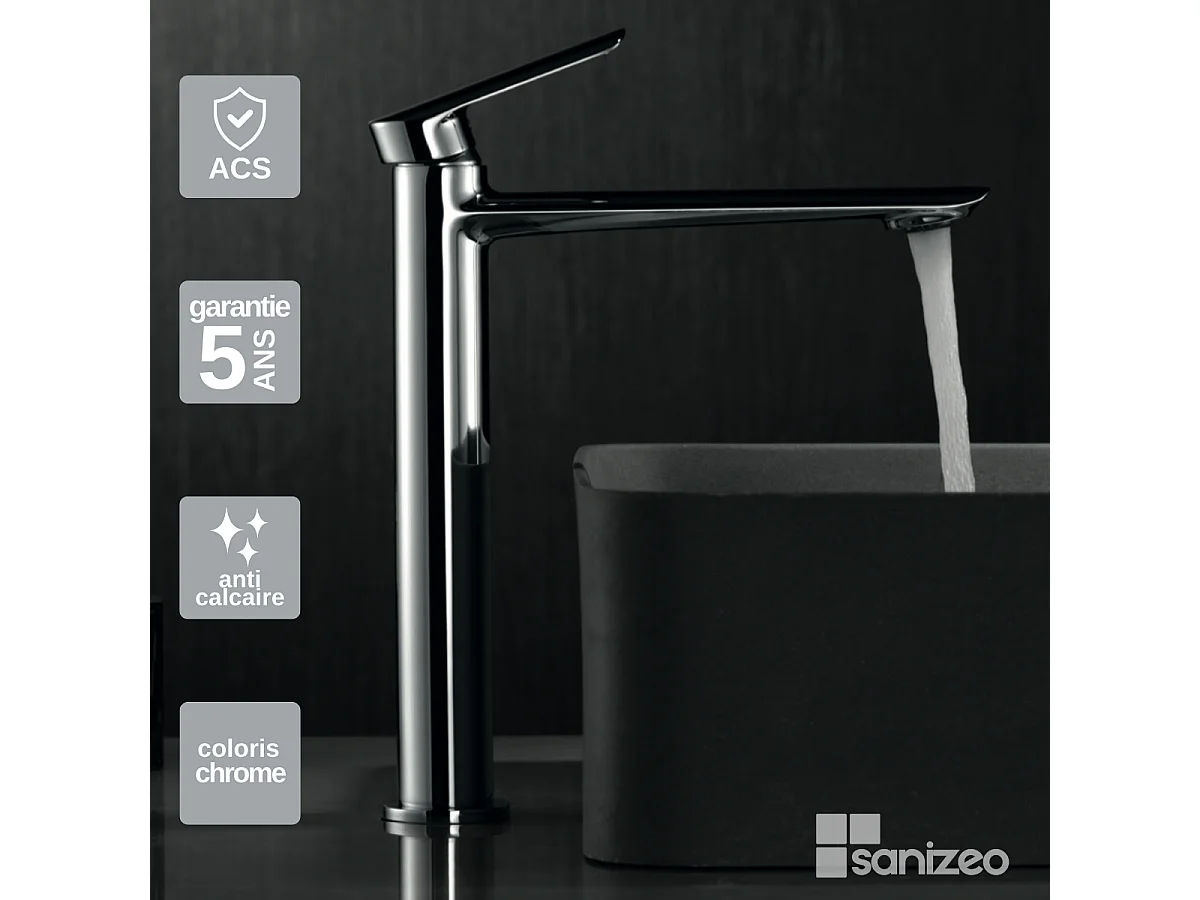 Mitigeur Lavabo Salle de Bain chromé – Bec Haut Anti-Calcaire – Design moderne - URAL IMEX