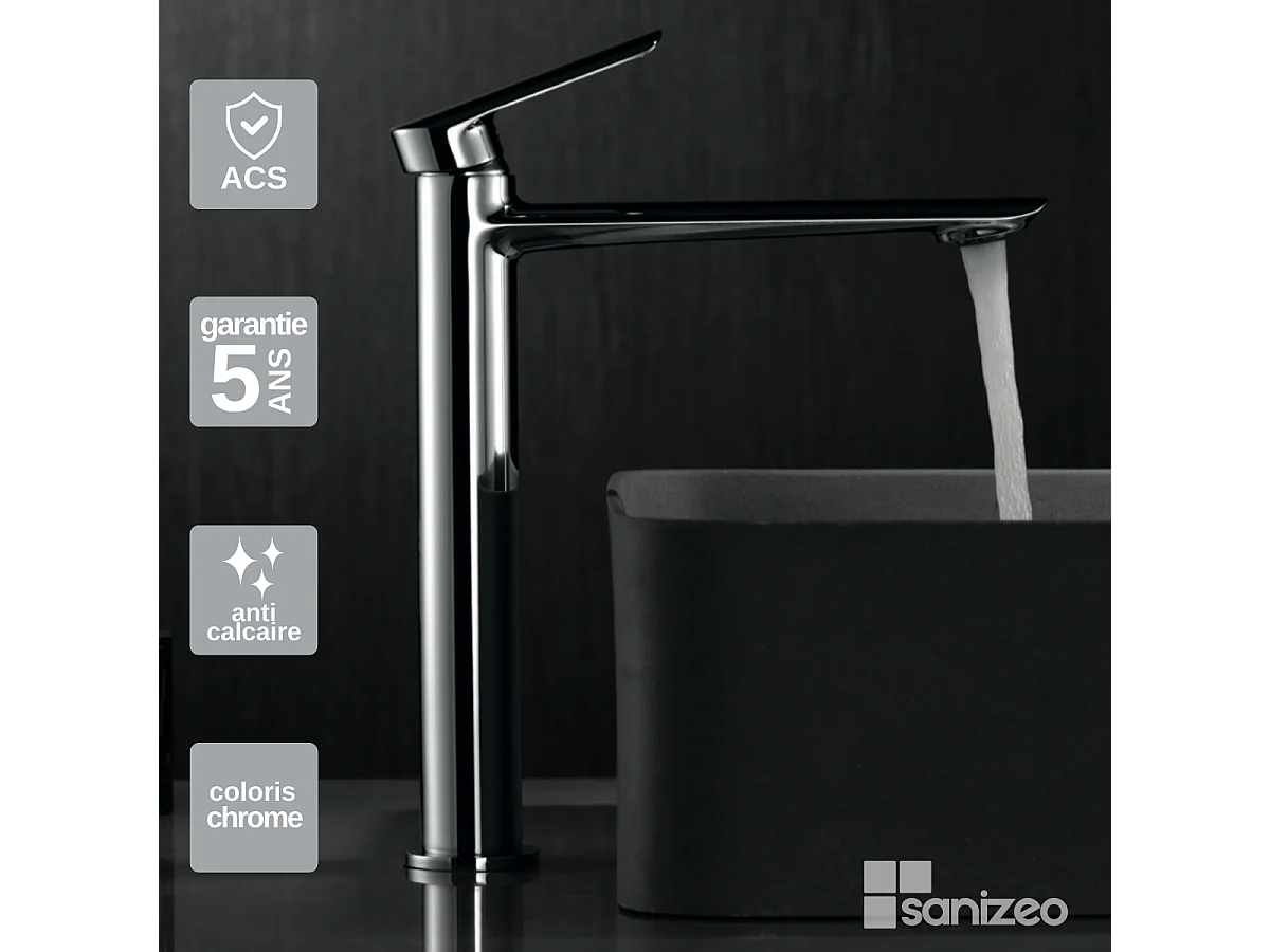 Mitigeur Lavabo Salle de Bain chromé – Bec Haut Anti-Calcaire – Design moderne - URAL IMEX