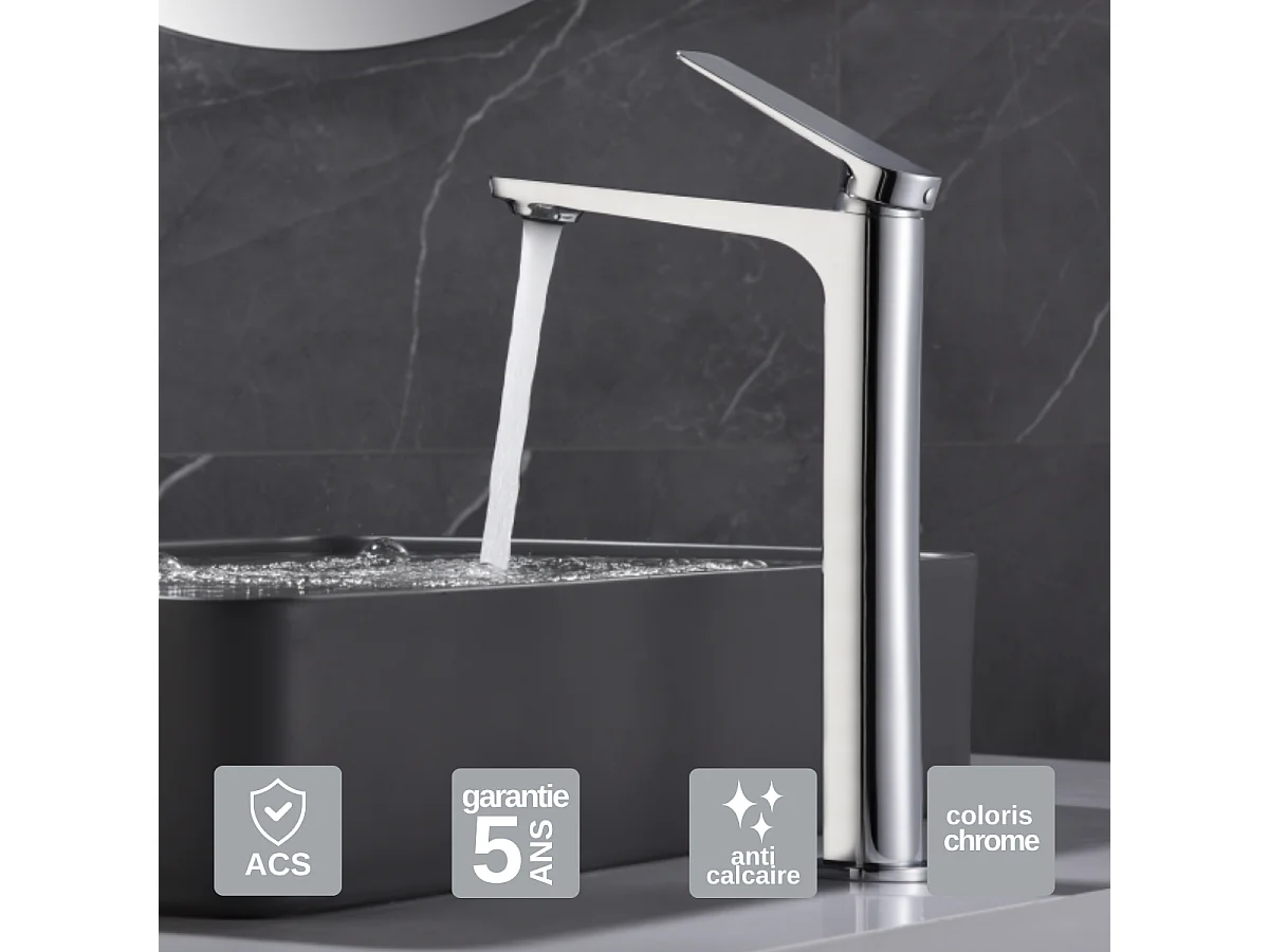 Mitigeur Lavabo Salle de Bain chromé – Bec Haut Anti-Calcaire – Design moderne - NAPOLES IMEX