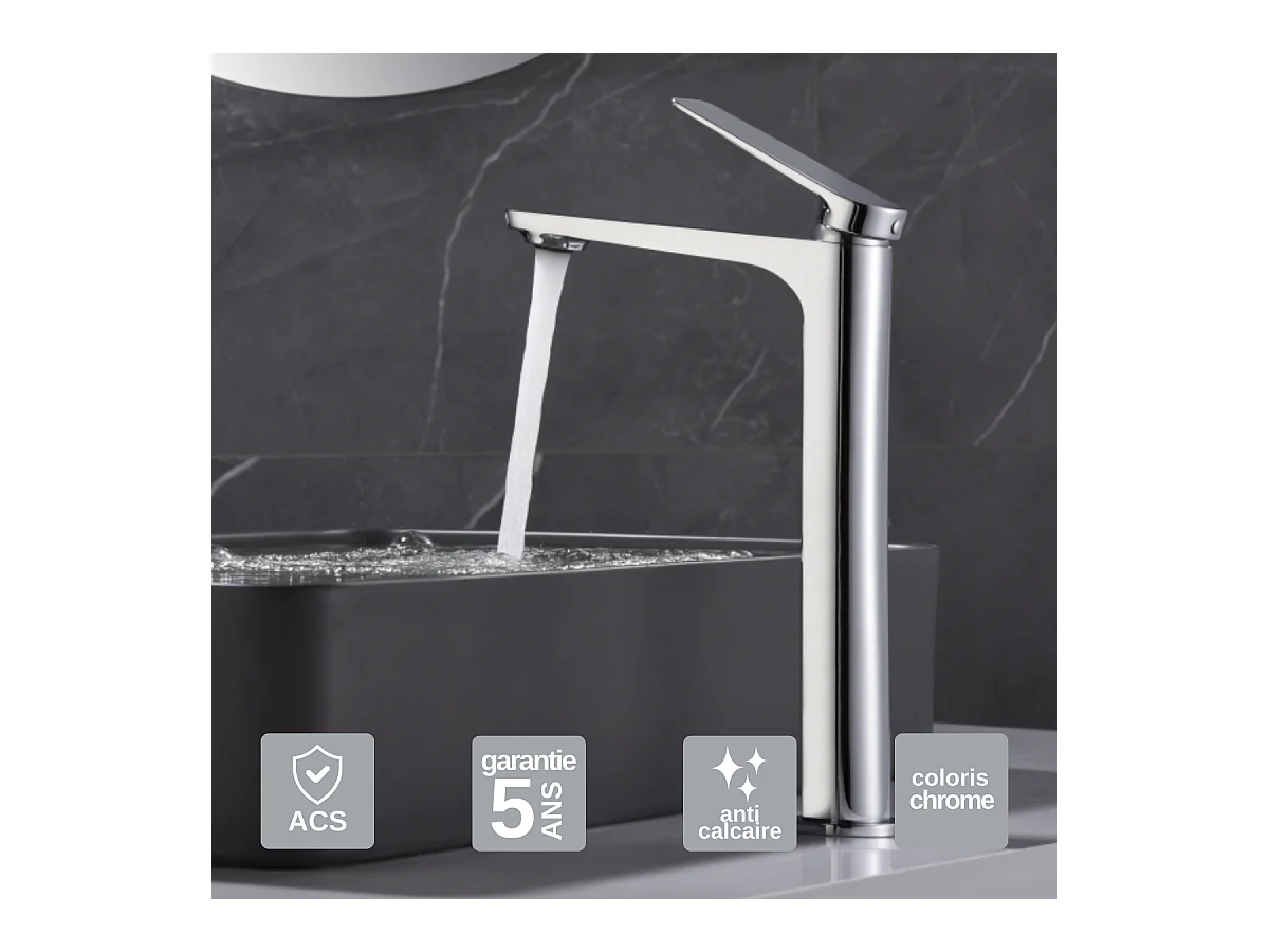 Robinet Mitigeur de Lavabo Anti-Calcaire Bec Haut Chrome IMEX NAPOLES BDN047-3