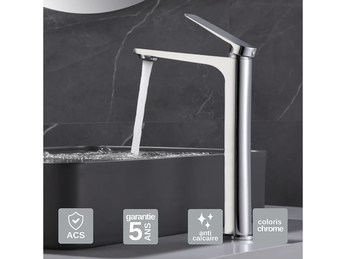 Mitigeur Lavabo Salle de Bain chromé – Bec Haut Anti-Calcaire – Design moderne - NAPOLES IMEX