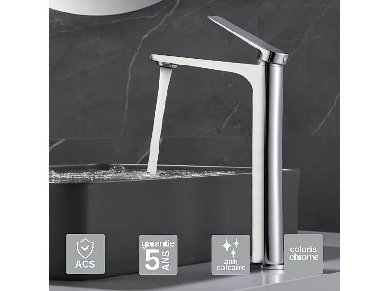 Mitigeur Lavabo Salle de Bain chromé – Bec Haut Anti-Calcaire – Design moderne - NAPOLES IMEX