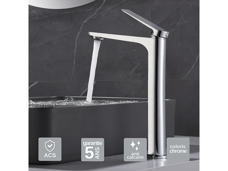 Mitigeur Lavabo Salle de Bain chromé – Bec Haut Anti-Calcaire – Design moderne - NAPOLES IMEX