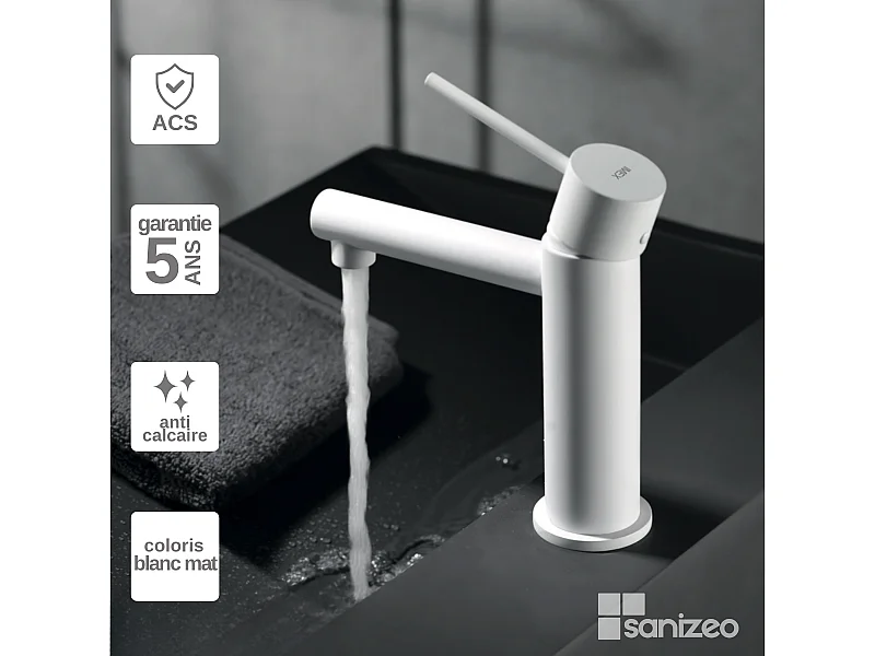 Mitigeur Lavabo Salle de Bain blanc mat – Bec Bas Anti-Calcaire – Design Moderne - MILOS STICK IMEX