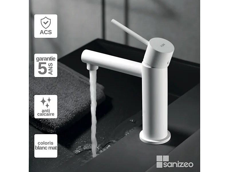 Mitigeur Lavabo Salle de Bain blanc mat – Bec Bas Anti-Calcaire – Design Moderne - MILOS STICK IMEX