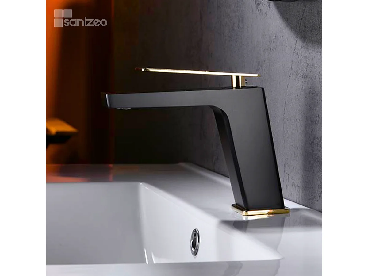 Mitigeur Lavabo Salle de Bain noir/or – Bec Bas Anti-Calcaire – Design moderne - SUECIA IMEX