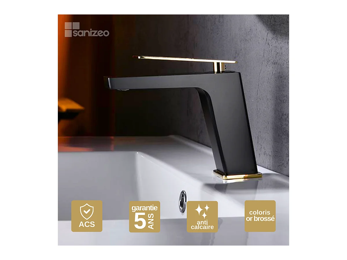 Robinet Mitigeur de Lavabo Anti-Calcaire Bec Bas Noir Mat et Or Brillant IMEX SUECIA BDC032-1NGOLD