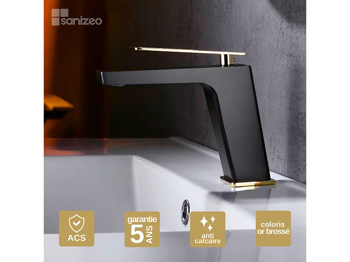 Mitigeur Lavabo Salle de Bain noir/or – Bec Bas Anti-Calcaire – Design moderne - SUECIA IMEX