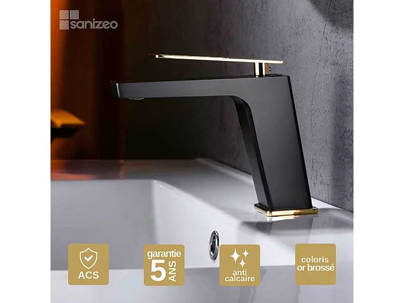 Mitigeur Lavabo Salle de Bain noir/or – Bec Bas Anti-Calcaire – Design moderne - SUECIA IMEX