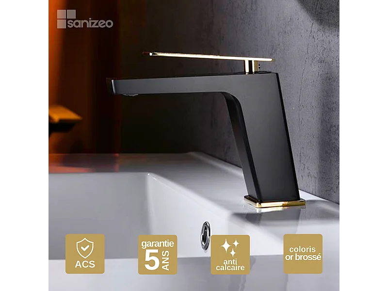 Mitigeur Lavabo Salle de Bain noir/or – Bec Bas Anti-Calcaire – Design moderne - SUECIA IMEX