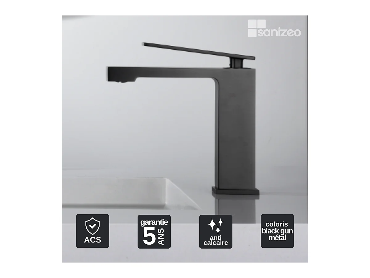 Robinet Mitigeur de Lavabo Anti-Calcaire Bec Bas Black Gun Métal IMEX PISA BDP048-1BGM