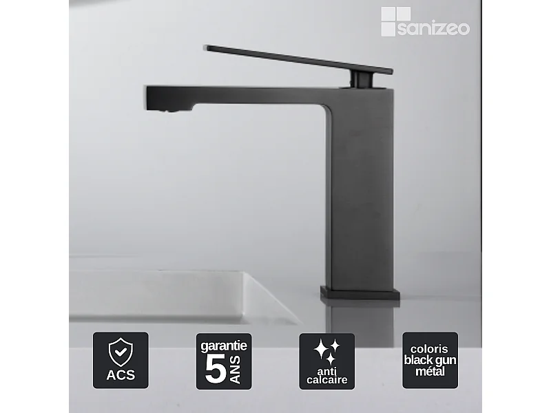 Mitigeur Lavabo Salle de Bain noir métal – Bec Bas Anti-Calcaire – Design moderne - PISA IMEX
