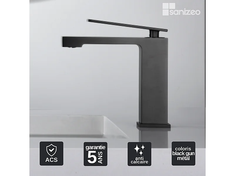 Mitigeur Lavabo Salle de Bain noir métal – Bec Bas Anti-Calcaire – Design moderne - PISA IMEX