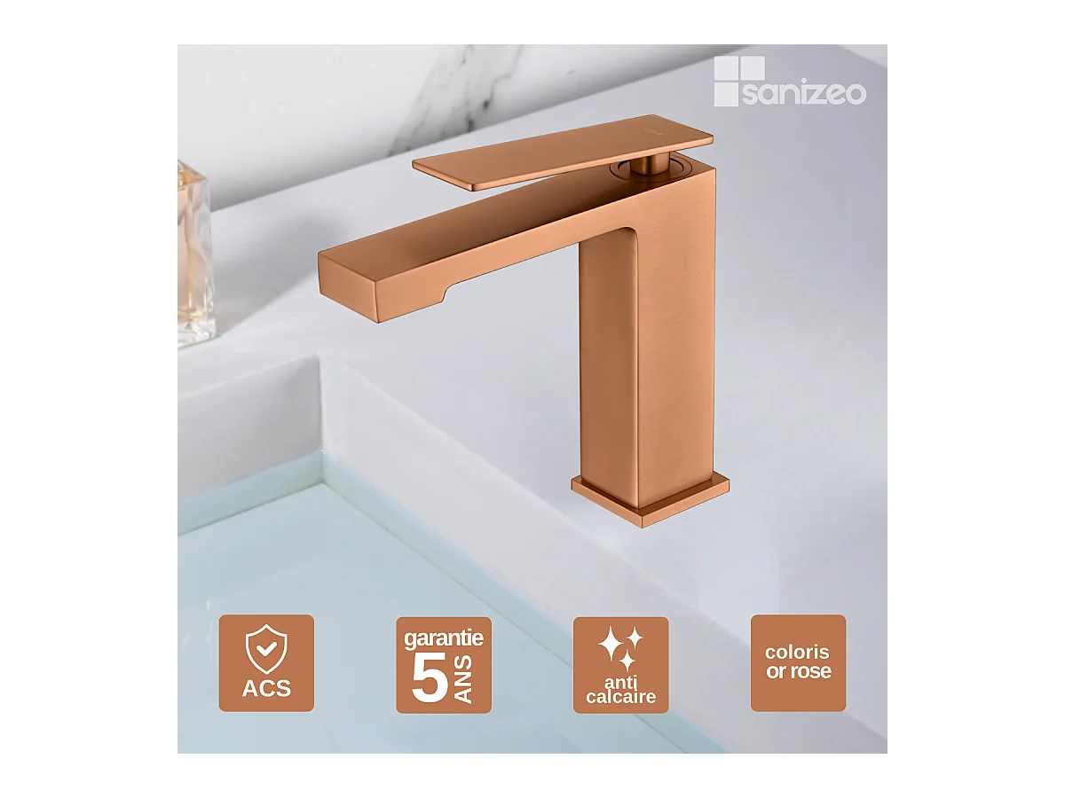 Robinet Mitigeur de Lavabo Anti-Calcaire Bec Bas Or Rose Cuivré IMEX PISA BDP048-1ORC