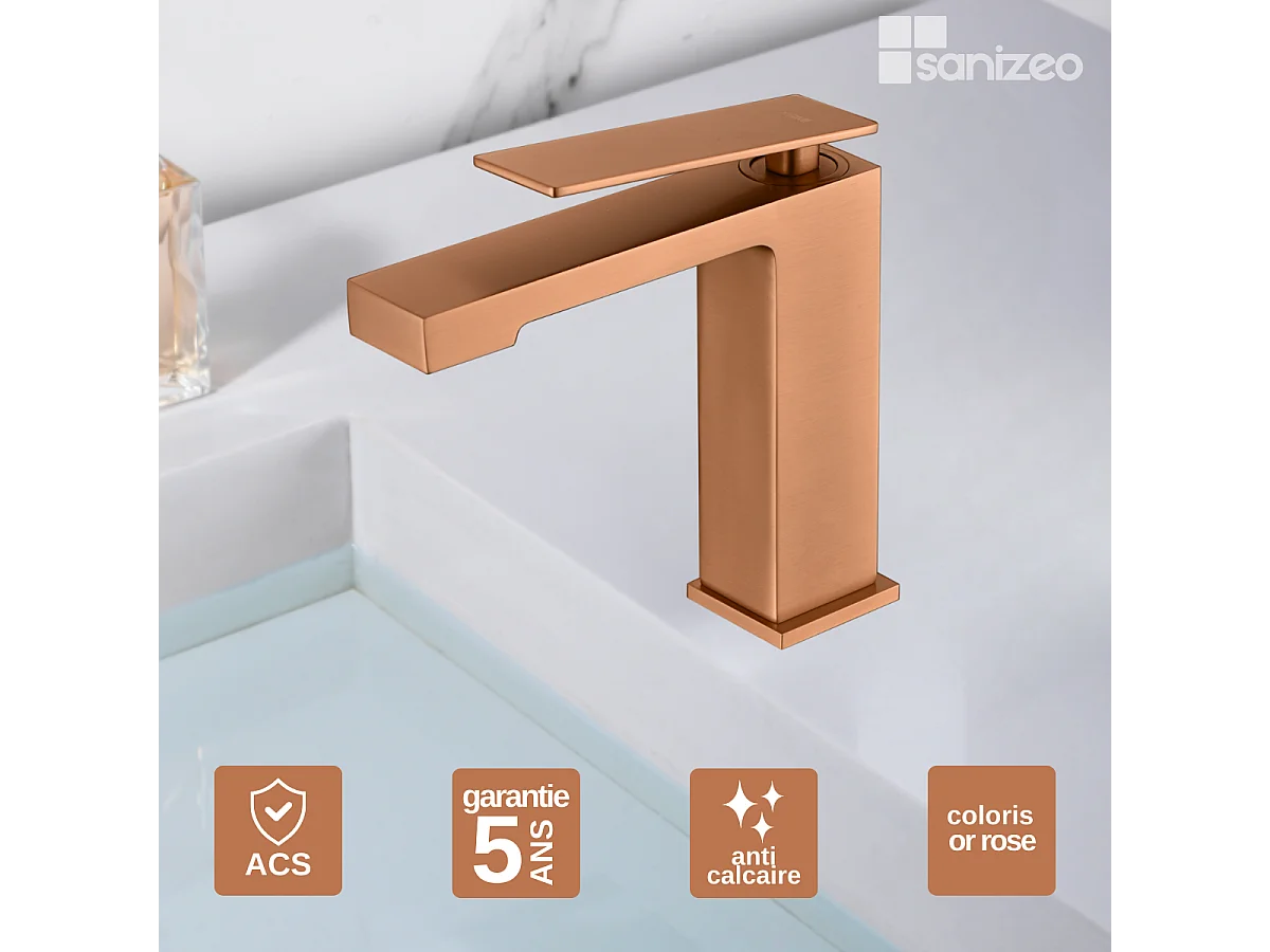Mitigeur Lavabo Salle de Bain or rose cuivré – Bec Bas Anti-Calcaire – Design moderne - PISA IMEX