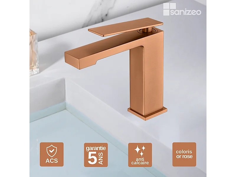 Mitigeur Lavabo Salle de Bain or rose cuivré – Bec Bas Anti-Calcaire – Design moderne - PISA IMEX