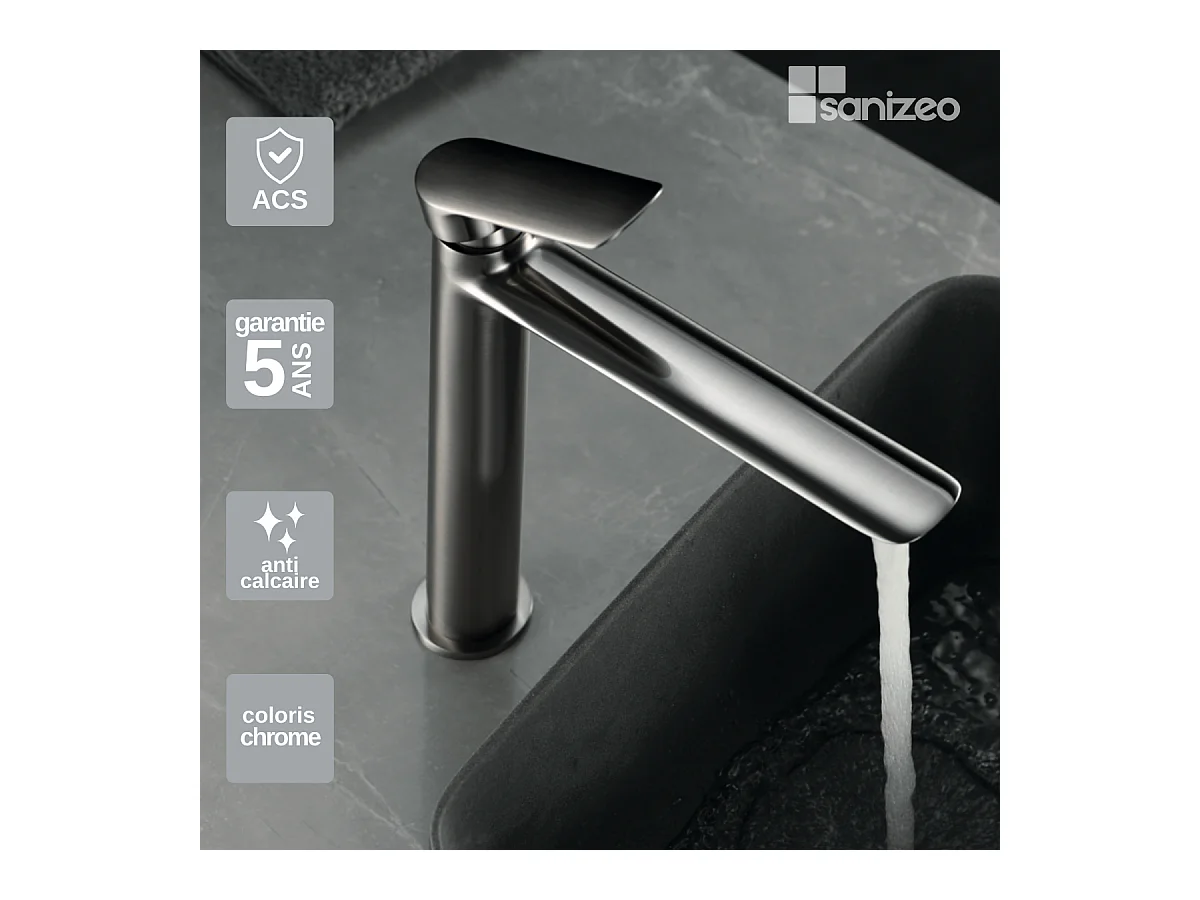 Robinet mitigeur de Lavabo Anti-Calcaire Bec Haut Nickel Brossé IMEX URAL BDG040-3NQ