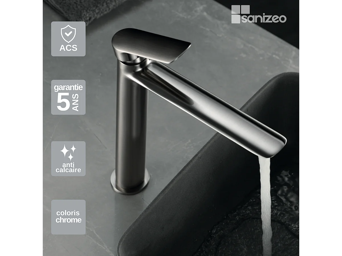 Mitigeur Lavabo Salle de Bain nickel brossé – Bec Haut Anti-Calcaire – Design moderne - URAL IMEX