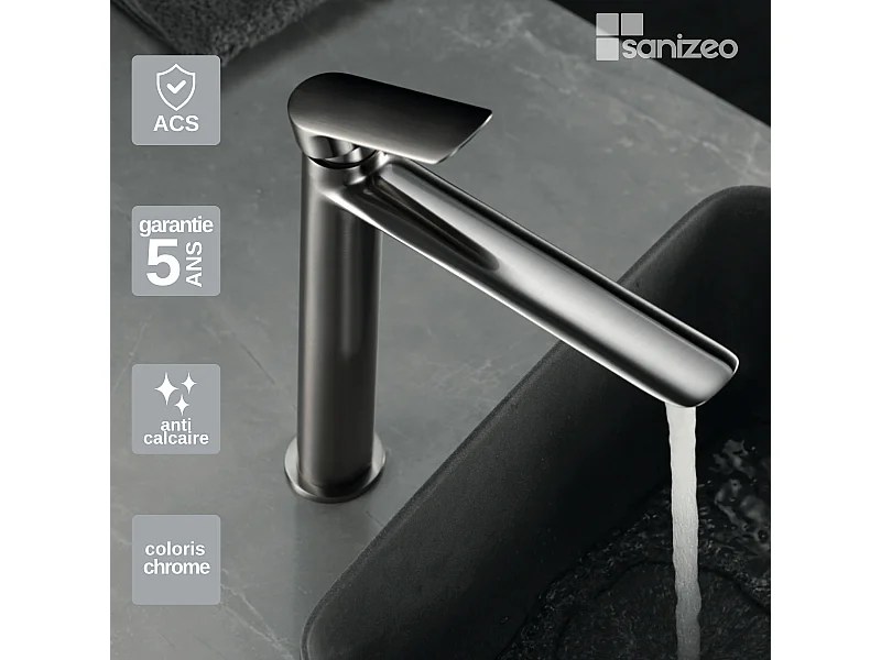 Mitigeur Lavabo Salle de Bain nickel brossé – Bec Haut Anti-Calcaire – Design moderne - URAL IMEX