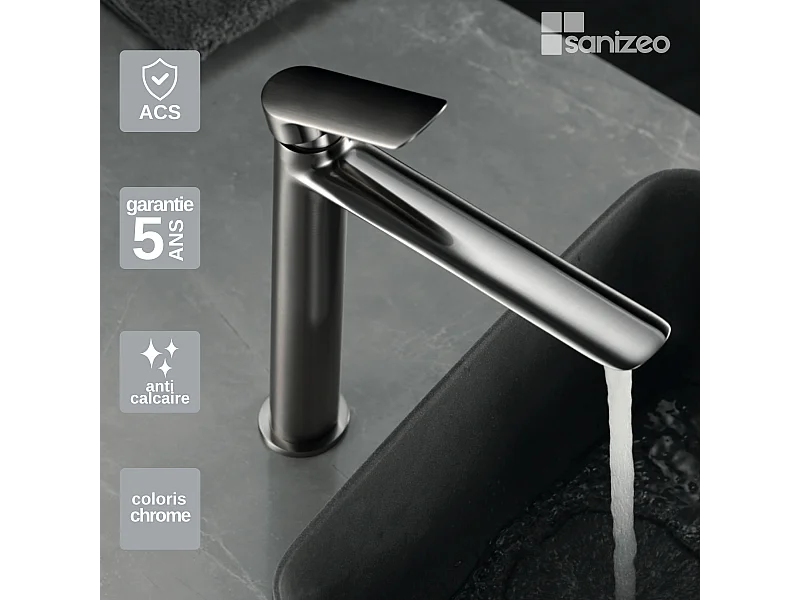 Mitigeur Lavabo Salle de Bain nickel brossé – Bec Haut Anti-Calcaire – Design moderne - URAL IMEX