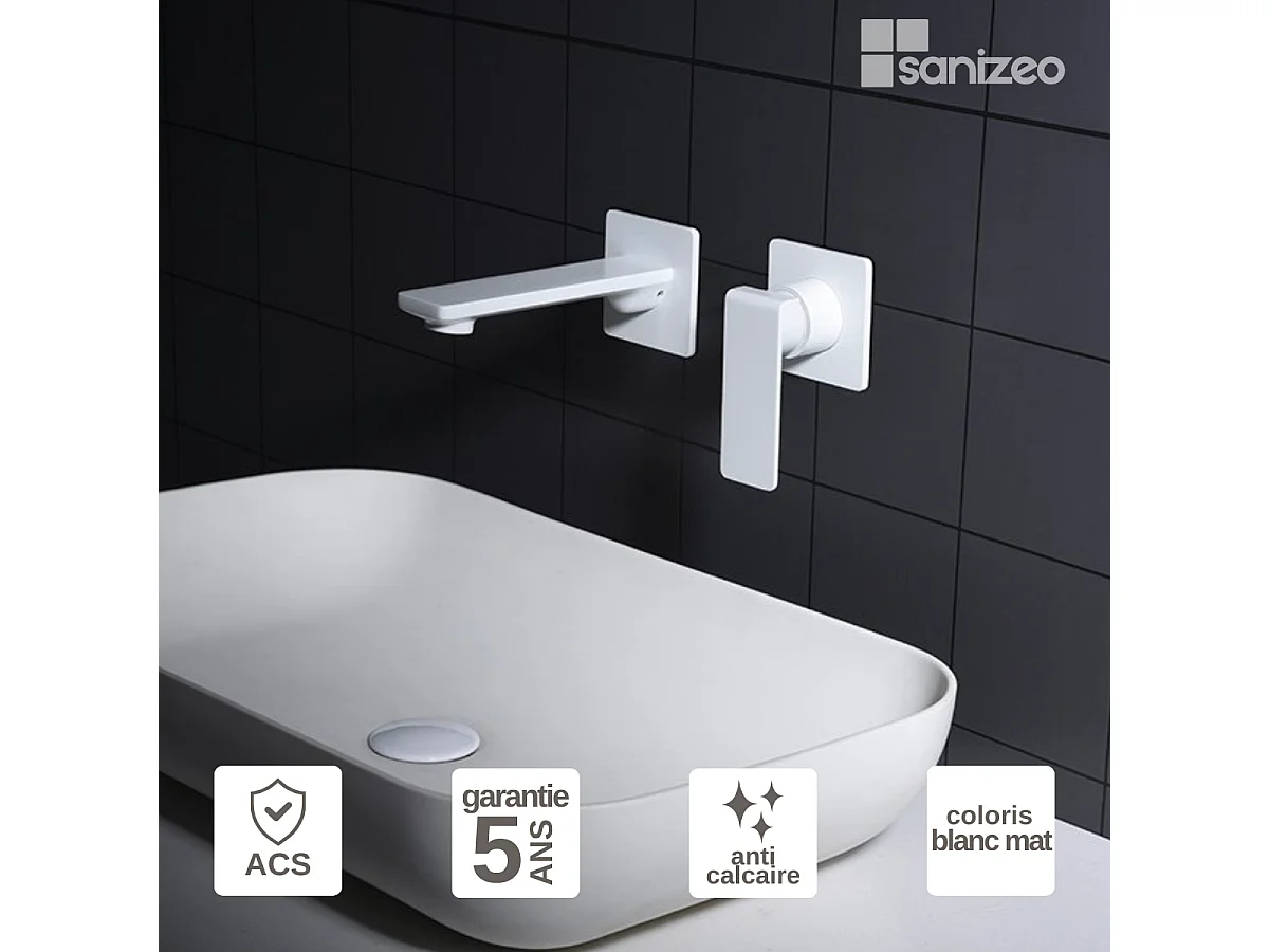 Mitigeur Lavabo Encastré Salle de Bain blanc mat – Anti-Calcaire – Design moderne - FIYI IMEX