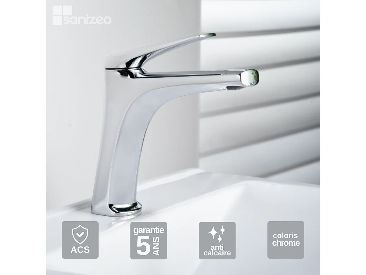 Mitigeur Lavabo Salle de Bain chromé – Bec Bas Anti-Calcaire – Design moderne - DELOS IMEX