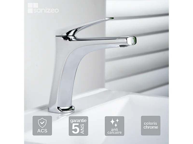 Mitigeur Lavabo Salle de Bain chromé – Bec Bas Anti-Calcaire – Design moderne - DELOS IMEX