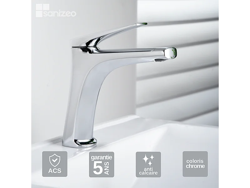 Mitigeur Lavabo Salle de Bain chromé – Bec Bas Anti-Calcaire – Design moderne - DELOS IMEX