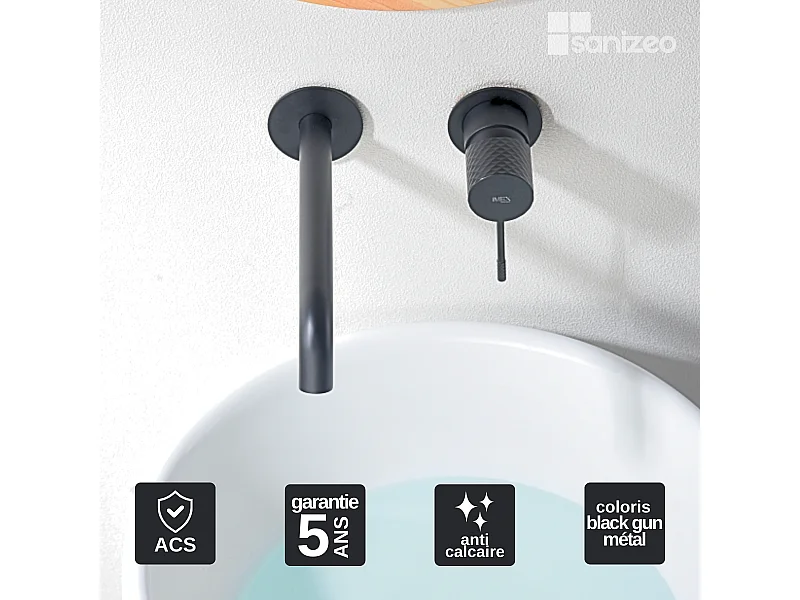 Mitigeur Lavabo Encastré Salle de Bain noir métal – Anti-Calcaire – Design Moderne - GENOVA IMEX