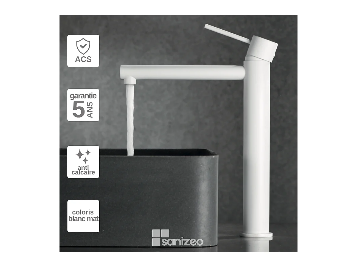 Robinet Mitigeur de Lavabo Anti-Calcaire Bec Haut Blanc Mat IMEX MILOS STICK BDYS045-3BL