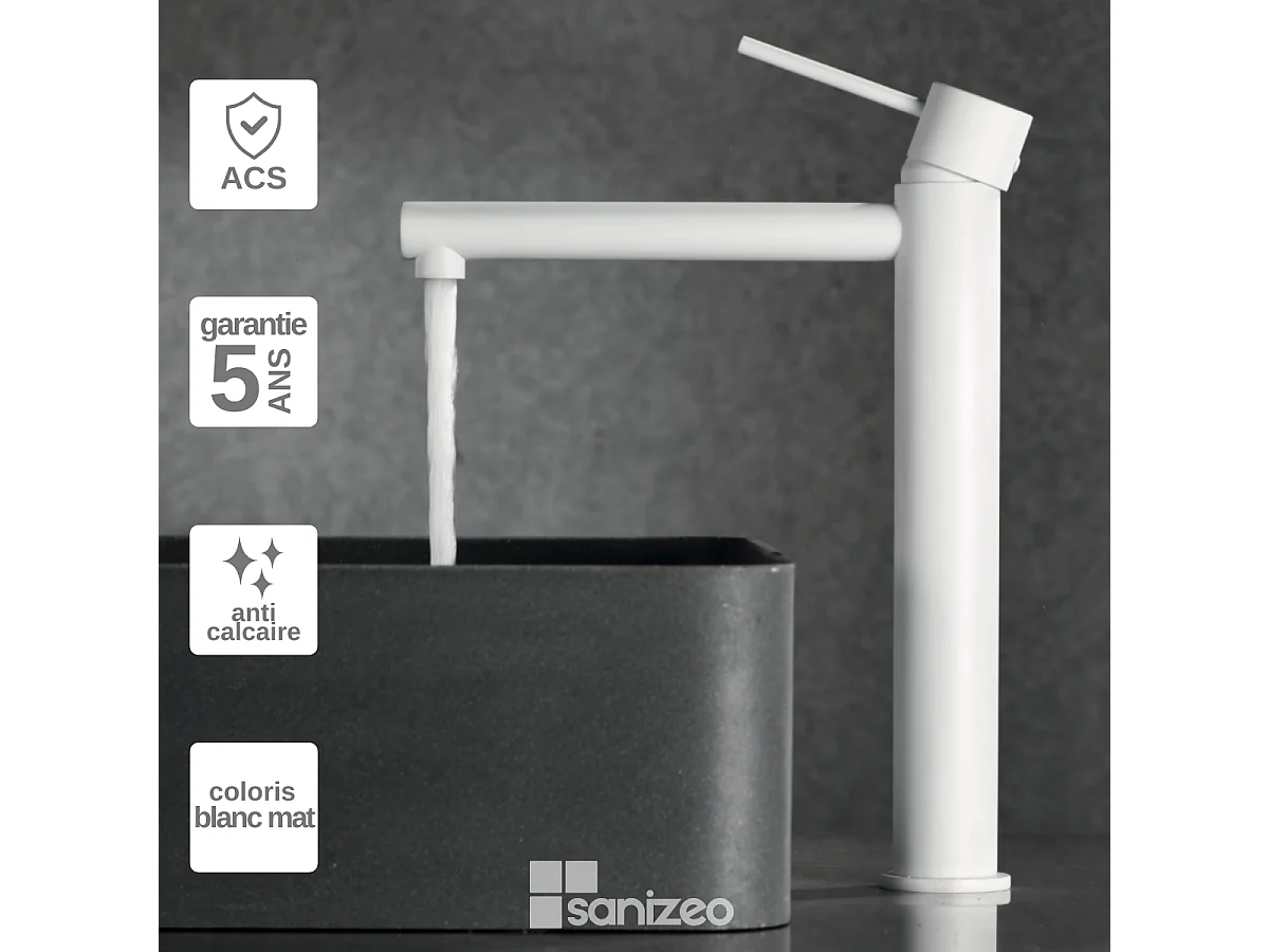 Mitigeur Lavabo Salle de Bain blanc mat – Bec Haut Anti-Calcaire – Design Moderne - MILOS STICK IMEX