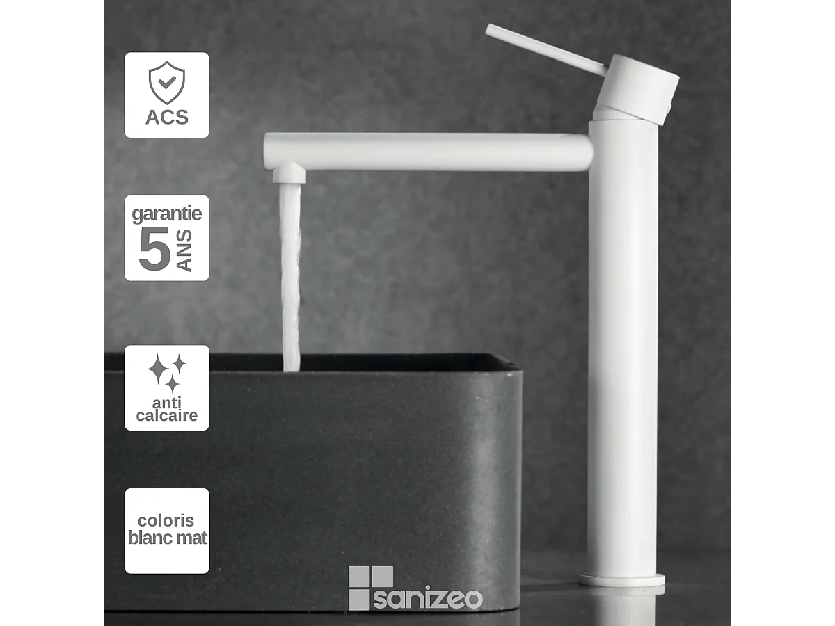 Mitigeur Lavabo Salle de Bain blanc mat – Bec Haut Anti-Calcaire – Design Moderne - MILOS STICK IMEX