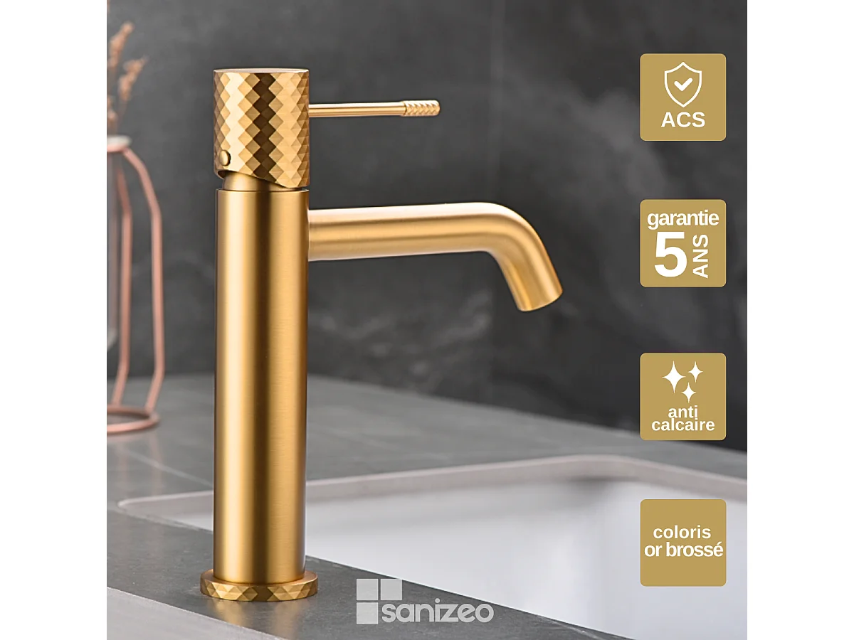 Mitigeur Lavabo Salle de Bain or brossé– Bec Bas Anti-Calcaire – Design Moderne - GENOVA IMEX