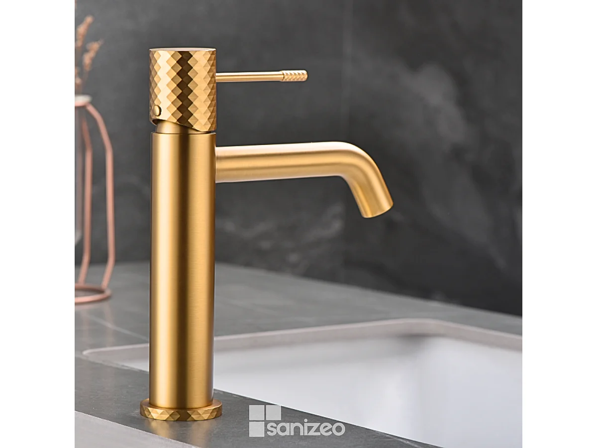 Mitigeur Lavabo Salle de Bain or brossé– Bec Bas Anti-Calcaire – Design Moderne - GENOVA IMEX