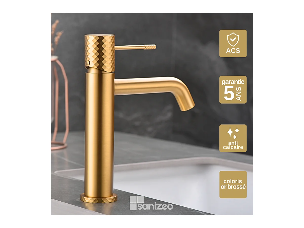 Robinet Mitigeur de Lavabo Anti-Calcaire Bec Bas Or Brossé IMEX GENOVA BDG053-1OC