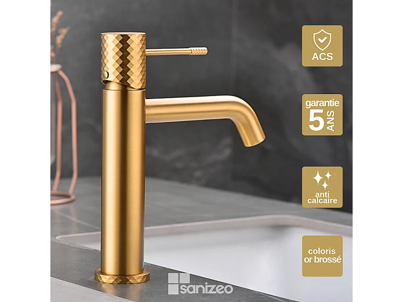 Mitigeur Lavabo Salle de Bain or brossé– Bec Bas Anti-Calcaire – Design Moderne - GENOVA IMEX
