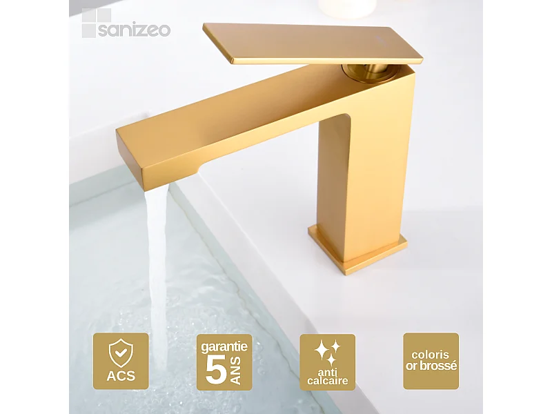Mitigeur Lavabo Salle de Bain or brossé – Bec Bas Anti-Calcaire – Design moderne - PISA IMEX