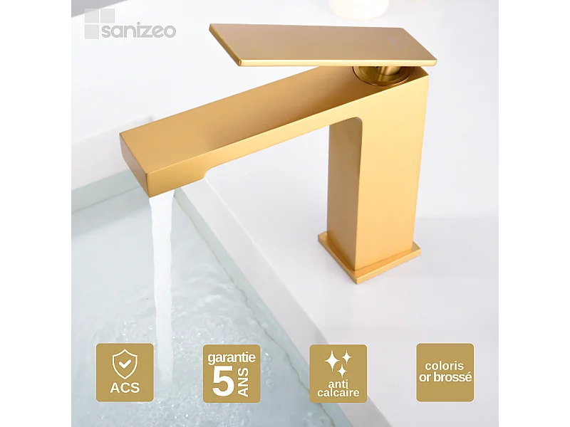 Mitigeur Lavabo Salle de Bain or brossé – Bec Bas Anti-Calcaire – Design moderne - PISA IMEX