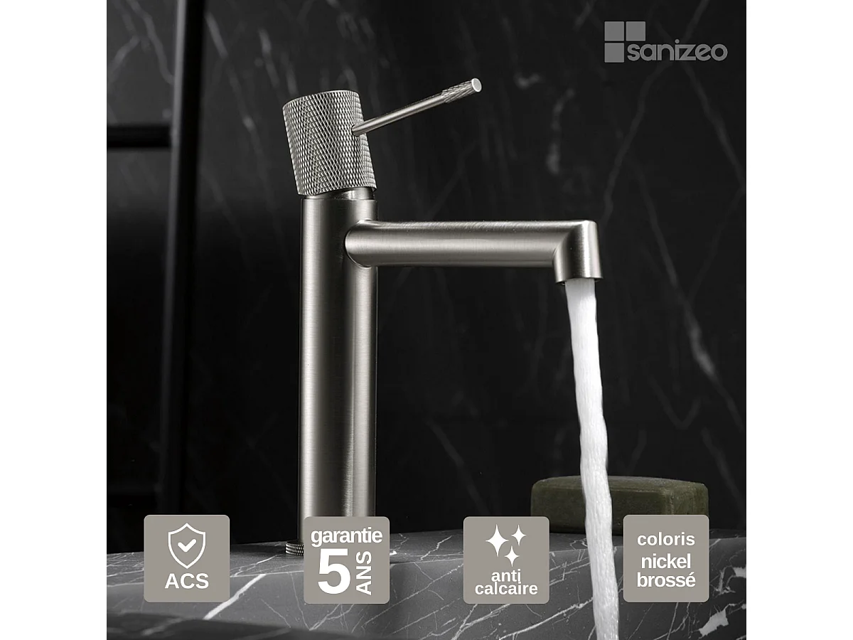 Mitigeur Lavabo Salle de Bain niquel brossé – Bec Bas Anti-Calcaire – Design Moderne - LINE IMEX