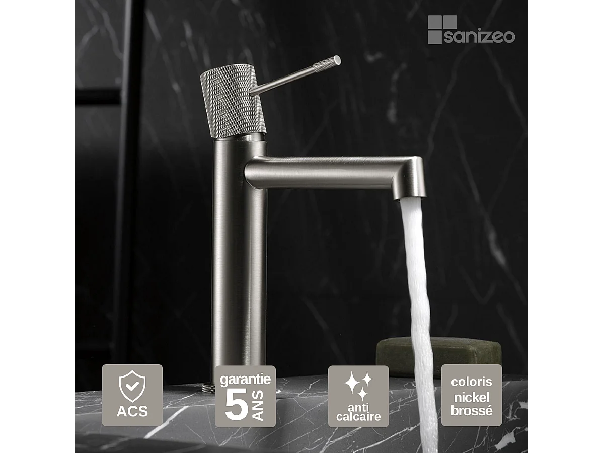 Mitigeur Lavabo Salle de Bain niquel brossé – Bec Bas Anti-Calcaire – Design Moderne - LINE IMEX